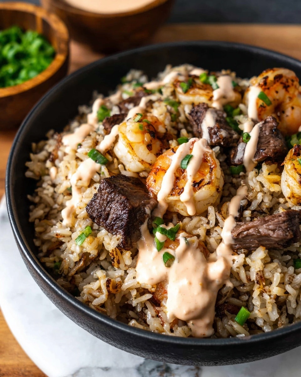 A black bowl filled with fried rice as the base layer, showing a mix of light brown and golden grains with bits of green onions scattered throughout. On top, there are several large shrimp with a charred orange and pink color and chunks of grilled dark brown meat. Both shrimp and meat pieces are drizzled with a light pink creamy sauce. In the background, small white bowls with garnishes are placed on a white marbled surface. photo taken with an iphone --ar 4:5 --v 7