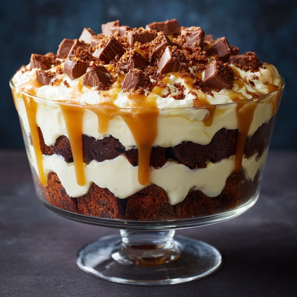 A clear glass bowl filled with a layered dessert standing on a footed base; the bottom layer is dark brown cake pieces with a rough texture, followed by a thick creamy white layer, then another layer of the dark brown cake pieces, topped by a smooth, generous layer of white cream. Light caramel sauce is poured over the cream, dripping down the sides inside the bowl. The top is covered with more white cream, sprinkled generously with small brown crunchy bits and chunks of milk chocolate with ridges and smooth pieces. The dessert is set against a dark background and placed on a dark surface, photo taken with an iphone --ar 4:5 --v 7