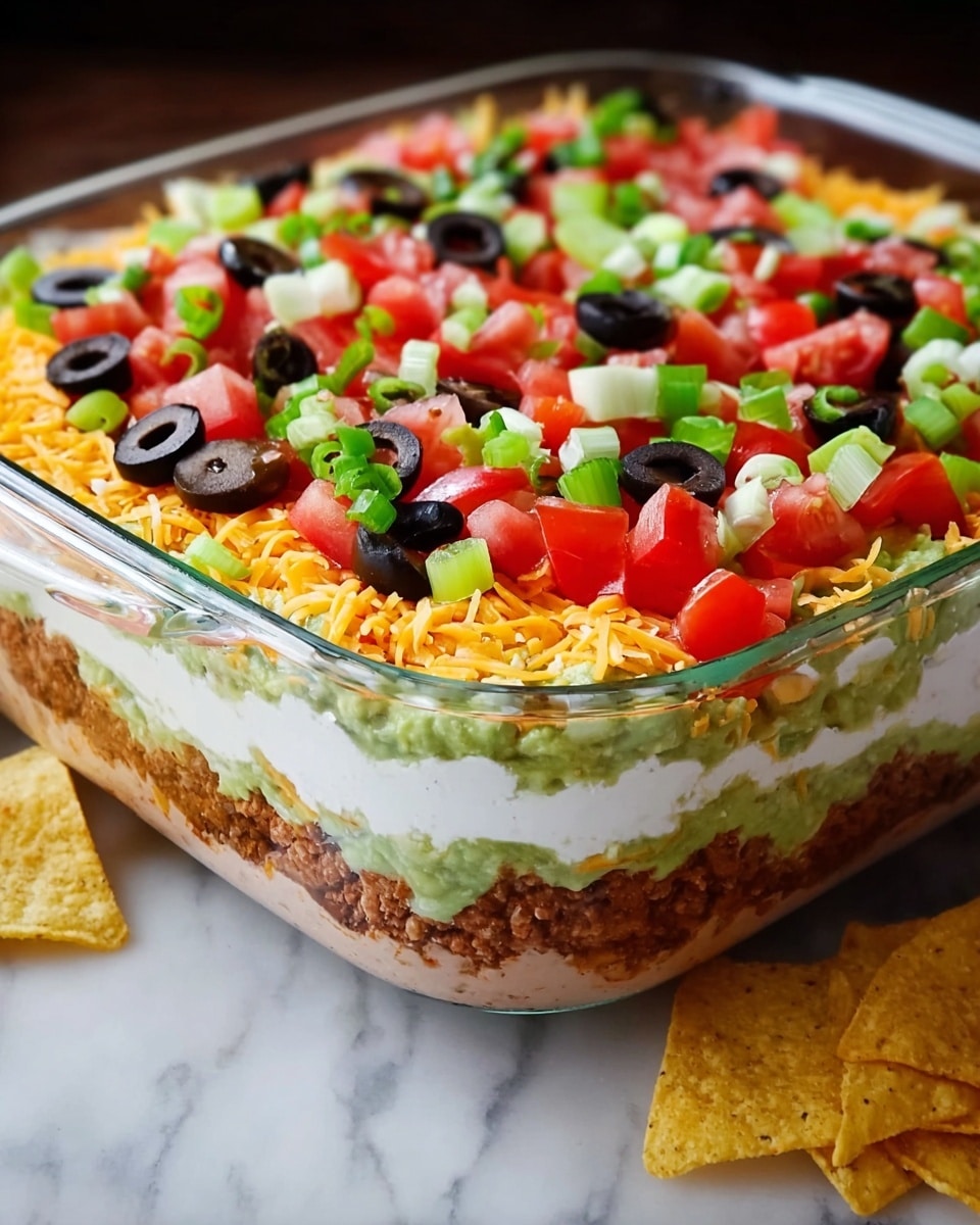 A glass dish filled with seven colorful layers: starting from the bottom, the first layer is light beige, likely refried beans or a creamy base, followed by a chunky green guacamole layer, then a bright red tomato or salsa layer, topped with orange shredded cheese, a cooked brown ground meat layer, a thick white sour cream layer, and finally, fresh diced red tomatoes, sliced black olives, green chopped celery, and green bell pepper pieces scattered on top. A few yellow corn chips lie next to the dish on a white marbled surface photo taken with an iphone --ar 4:5 --v 7
