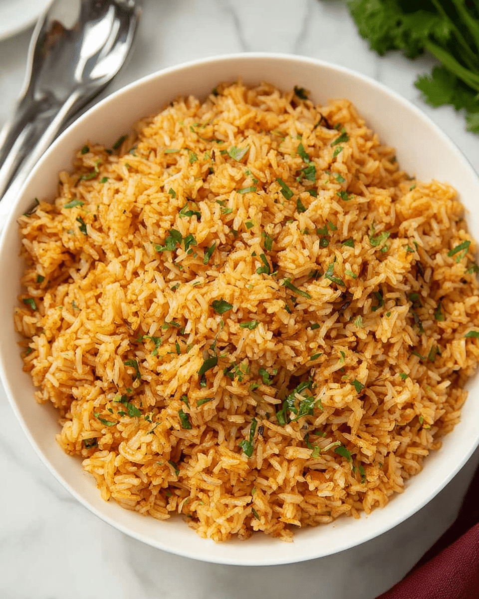 A white bowl filled with a single layer of orange-colored cooked rice, mixed with small pieces of green herbs scattered evenly on top, giving a fresh contrast to the warm rice color. The rice grains appear fluffy with a slightly oily texture, showing a well-cooked look. The bowl sits on a white marbled surface, and blurred utensils and greenery can be seen softly in the background. photo taken with an iphone --ar 4:5 --v 7