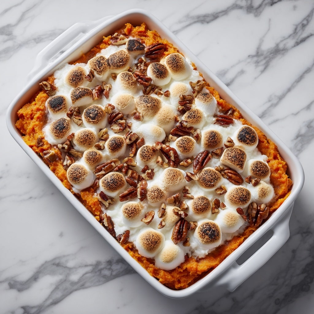 A close-up shot of a sweet potato casserole in a white rectangular dish, showing three distinct layers: a bottom layer of smooth, bright orange mashed sweet potatoes, topped with a middle layer of small chopped pecans scattered unevenly, and a final top layer of white marshmallows toasted to a golden brown with some darker charred spots, puffed up and closely packed together. The image is set on a white marbled textured surface, with soft natural light highlighting the textures and colors. Photo taken with an iphone --ar 4:5 --v 7