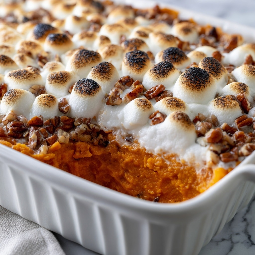A white rectangular casserole dish filled with three visible layers: the bottom layer is bright orange mashed sweet potato, topped with a middle layer of creamy, slightly textured off-white mashed potatoes or similar, and finished with a top layer of toasted marshmallows that are golden brown on top with some melted, gooey parts. Scattered among the marshmallows are chopped pecans adding a rough texture and dark brown color contrast. The dish is placed on a white marbled surface, showing the mix of soft and crunchy textures clearly. Photo taken with an iphone --ar 4:5 --v 7