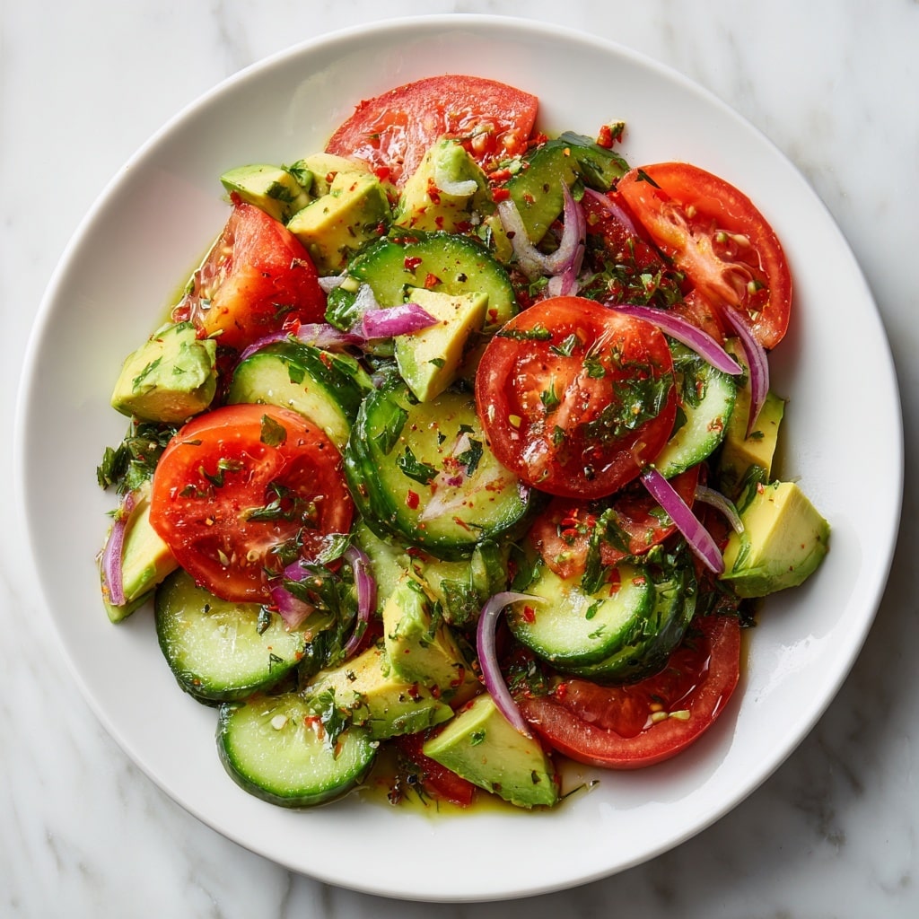 The image shows a fresh salad in a white bowl, with large chunks of red tomatoes as the first layer, mixed with bright green cucumber slices and creamy green avocado pieces, all tossed together. Small pieces of purple onion are scattered evenly throughout the salad, adding a touch of color contrast. Bright green basil leaves are mixed in, giving the salad a fresh, leafy texture. The ingredients are coated lightly with a shiny dressing that has visible small herbs and bits of garlic, adding a glossy look to the whole dish. The bowl sits on a white marbled surface. photo taken with an iphone --ar 4:5 --v 7