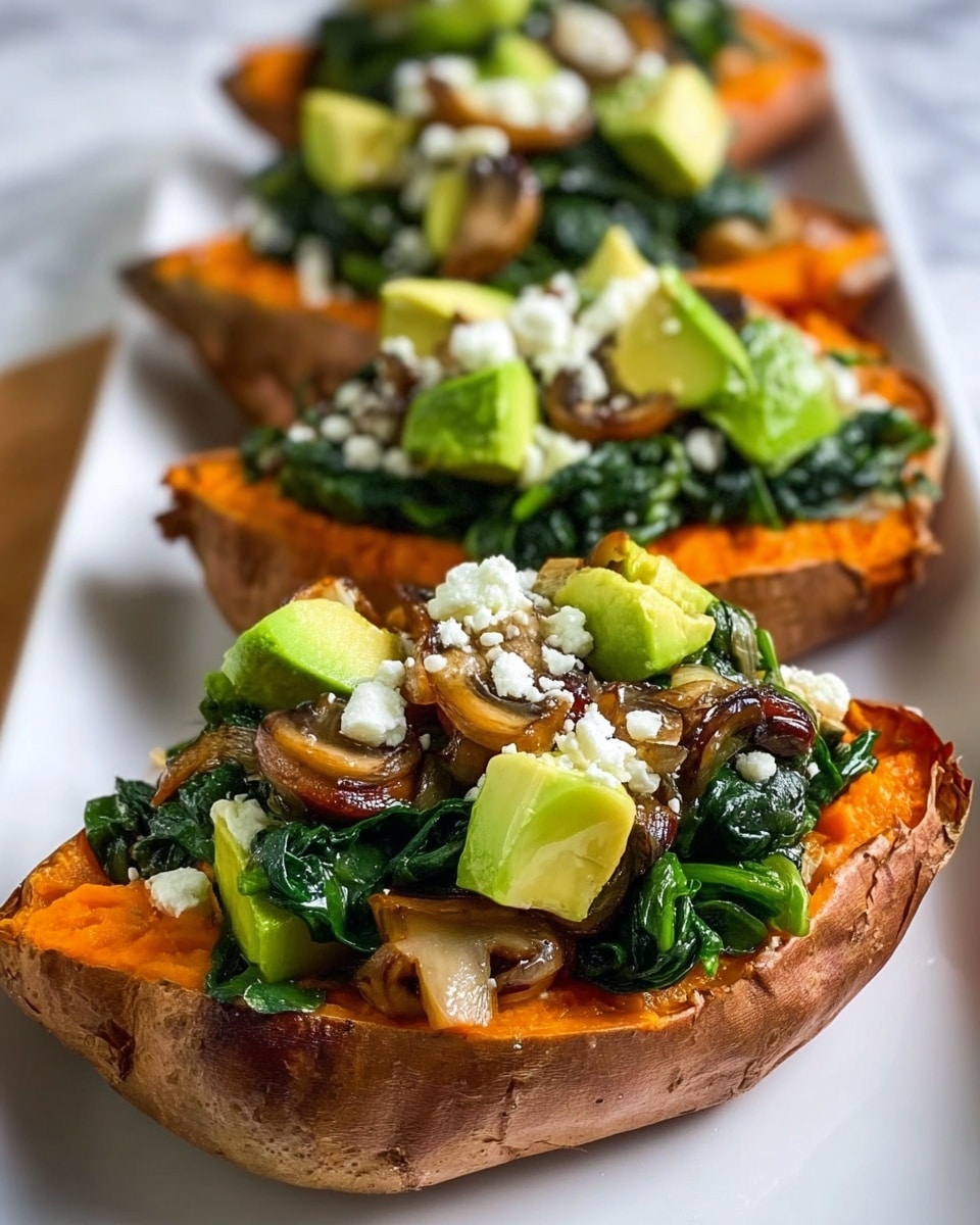 Three halved roasted sweet potatoes sit lined up on a white rectangular plate on a white marbled texture. Each sweet potato half is filled with bright orange soft flesh as the base layer, topped with a layer of wilted dark green spinach mixed with cooked brown mushroom slices. On top of the spinach and mushrooms, there are chunky light green avocado pieces scattered, followed by small white crumbles of cheese sprinkled generously over all the layers. The edges of the sweet potatoes are slightly charred, adding texture contrast. photo taken with an iphone --ar 4:5 --v 7