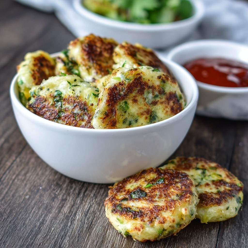 A white oval bowl filled with two layers of golden-brown, crispy chicken nuggets with bits of green herbs visible, stacked neatly inside. Two chicken nuggets lay in front of the bowl on a dark wooden surface with a white marbled texture in the background. In the top left corner, there is a small white dish filled with bright red dipping sauce, and fresh green lettuce is placed in the upper right side. The chicken nuggets have a crunchy texture, with some darker browned spots showing a well-cooked finish. photo taken with an iphone --ar 4:5 --v 7