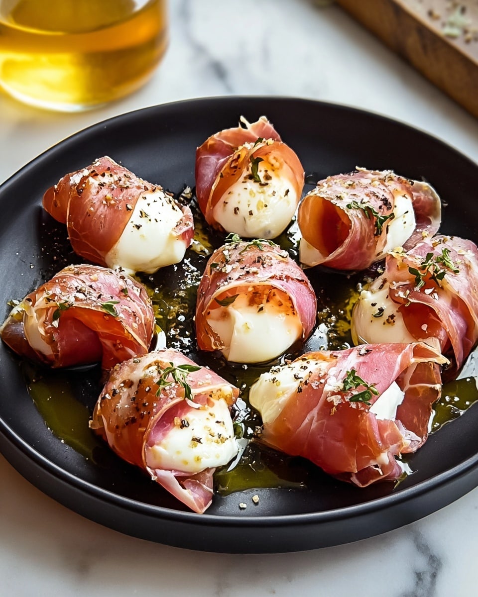 A black round plate holds nine small pieces of soft white cheese, each wrapped tightly in thin slices of pink prosciutto. The cheese has a slightly golden toasted texture on parts of its surface, and the prosciutto appears slightly shiny with a smooth texture. The cheese bundles are garnished with small green herb bits and coarse black pepper flakes. They sit in pools of olive oil, which gives a glossy greenish-yellow sheen on the bottom of the plate. The background is a white marbled surface, and a glass of golden liquid is visible out of focus in the top part of the image. photo taken with an iphone --ar 4:5 --v 7