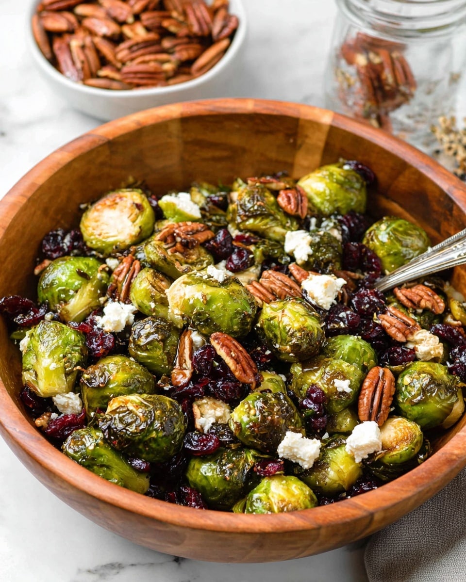 A wooden bowl filled with a mix of roasted Brussels sprouts that have a golden brown and green outer layer, scattered with whole and halved bright reddish-brown pecans, small chunks of white creamy goat cheese, and dark red dried cranberries. A silver spoon rests on the left edge of the bowl, partially covered by the vegetables and nuts. The bowl sits on a white marbled surface with some pecans in a bowl blurred in the background. photo taken with an iphone --ar 4:5 --v 7