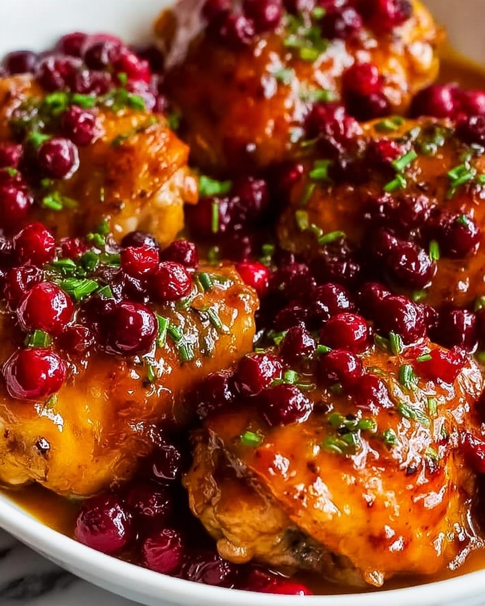 The image shows several golden-brown chicken pieces coated with a thick, shiny glaze, topped with bright red berries and finely chopped green herbs scattered over them. The chicken looks juicy and crispy under the sweet, sticky sauce that covers each piece. The dish is placed inside a white bowl, and the rich colors of the sauce and berries contrast with the white bowl, all set on a white marbled surface. photo taken with an iphone --ar 4:5 --v 7