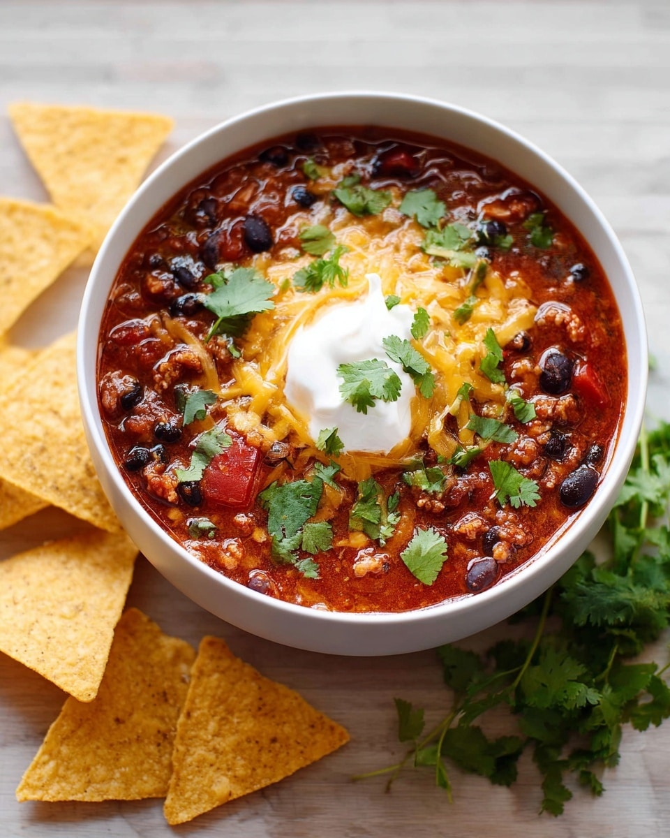A white bowl holds a thick chili with visible layers of dark black beans, red tomato chunks, and small pieces of cooked meat all mixed in a rich red sauce. On top, there is a layer of shredded yellow cheese melting slightly into the warm chili. A dollop of white sour cream sits at the center, surrounded by fresh green cilantro leaves scattered around. Near the bowl, three triangular tortilla chips rest on a white marbled textured surface with some sprigs of green cilantro nearby. photo taken with an iphone --ar 4:5 --v 7