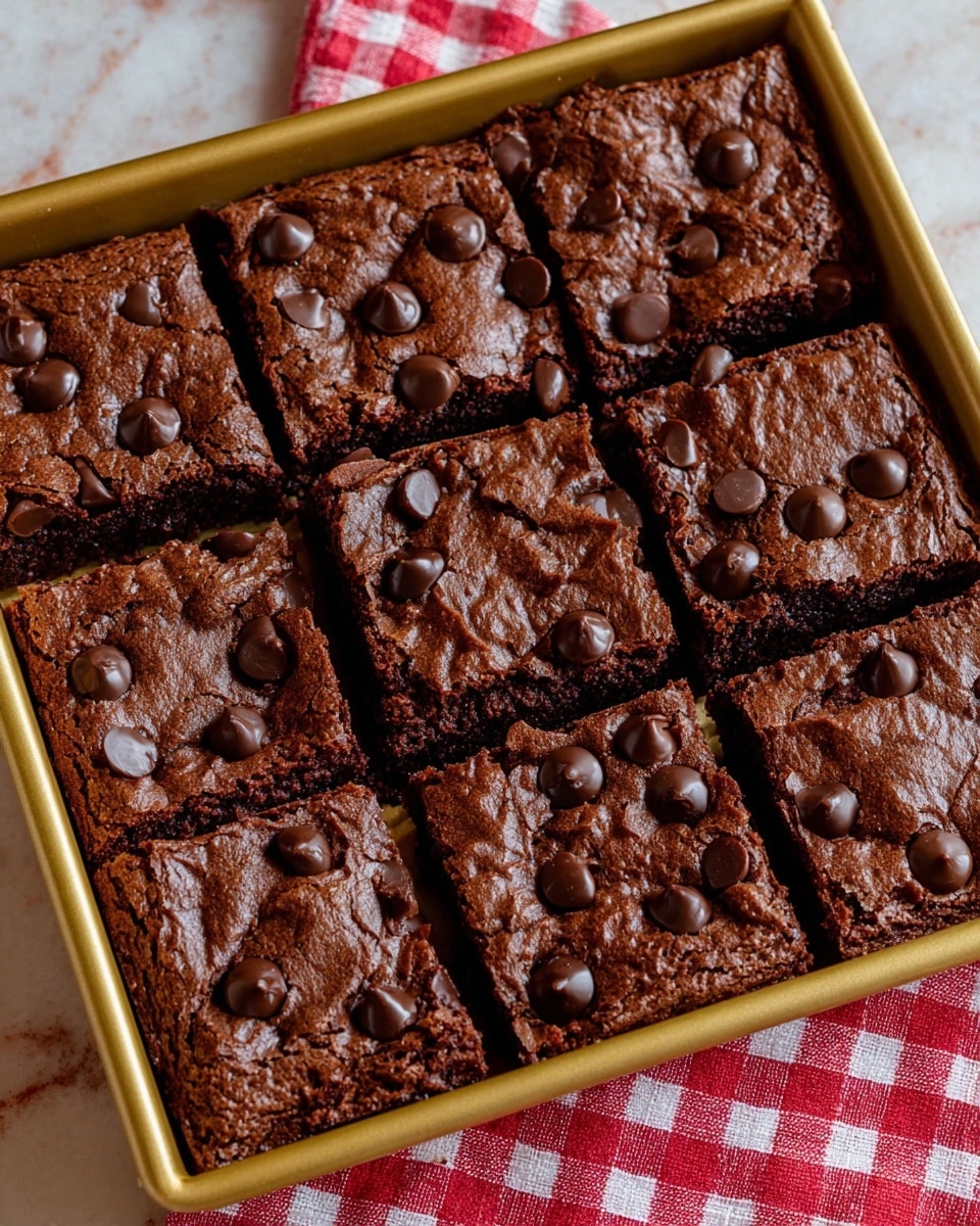 A close-up view of a thick square piece of chocolate brownie being held above a pan, showing one dense, dark brown base layer with a moist and fudgy texture, topped by a slightly cracked, lighter brown crust scattered with many glossy, round dark chocolate chips; the background features more brownies inside the pan with a white marbled texture underneath. photo taken with an iphone --ar 4:5 --v 7