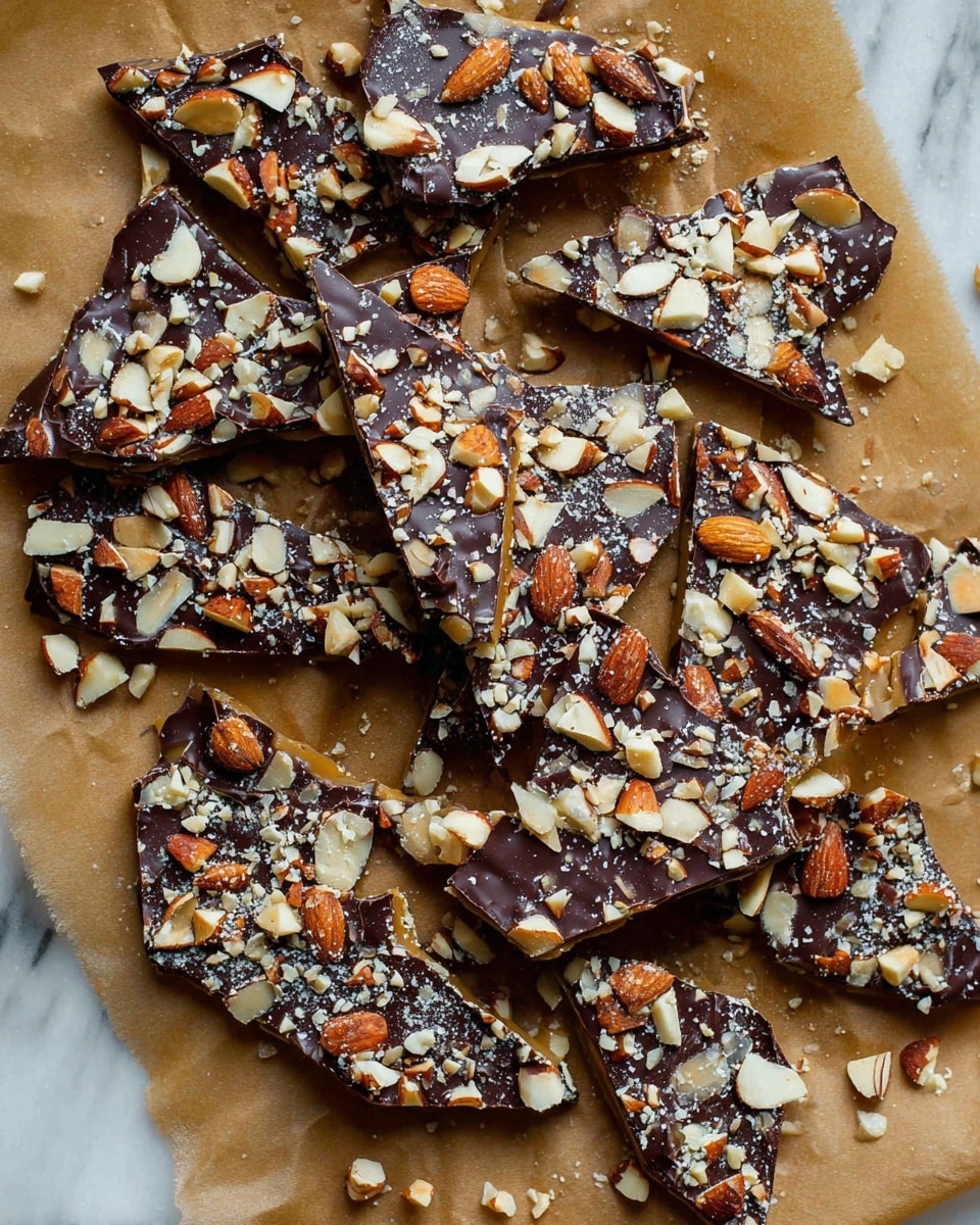 The image shows many pieces of broken chocolate almond bark scattered on a brown paper surface over a white marbled texture. Each piece has three clear layers: a bottom layer of light tan caramel, a middle layer of smooth dark brown chocolate, and a top layer generously covered with chopped almonds in shades of light brown and cream. The pieces are irregular shapes and sizes, with jagged edges and small nut crumbs around them. photo taken with an iphone --ar 4:5 --v 7