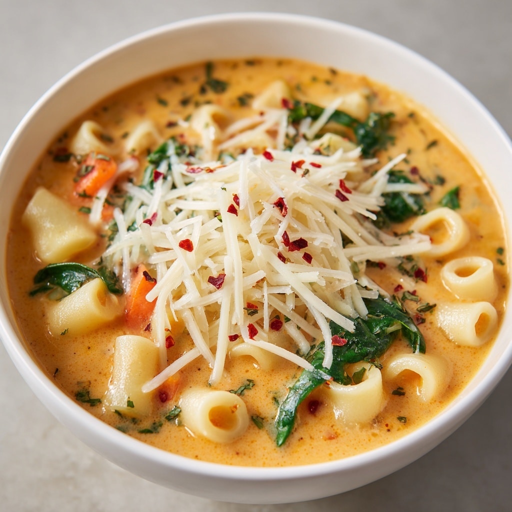 A white bowl filled with creamy pasta soup featuring three visible layers: the bottom layer has small macaroni pasta in a light yellow color, the middle layer contains pieces of shredded chicken and bright green spinach leaves, and the top layer is creamy with small specks of herbs and orange carrot slices scattered throughout. The soup is topped with a generous sprinkle of shredded white cheese and a few red pepper flakes for contrast. The white marbled texture background enhances the warm and comforting feel of the dish. Photo taken with an iphone --ar 4:5 --v 7