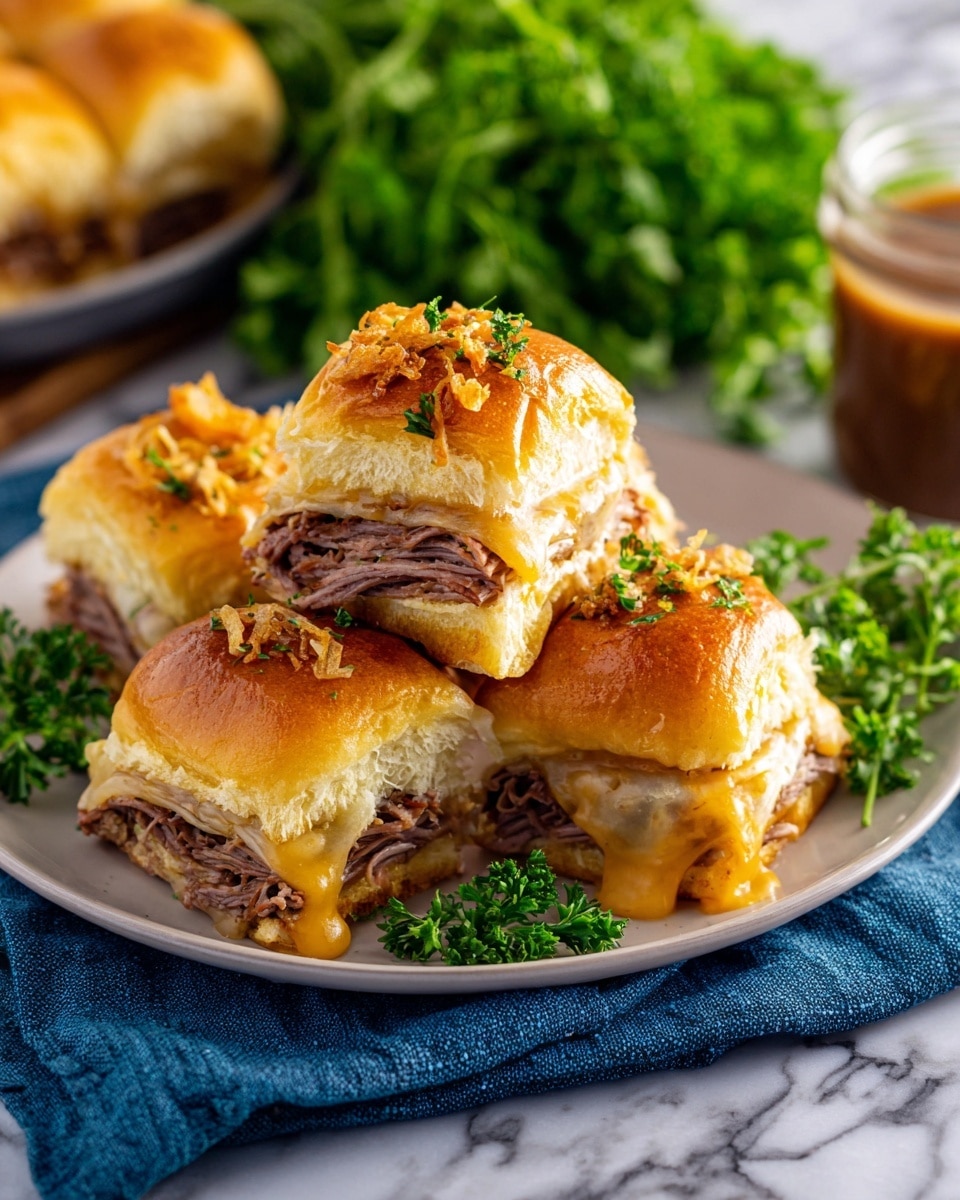 The image shows four small sandwiches on a white plate. Each sandwich has three layers: a shiny golden brown top bun sprinkled with bits of crispy fried onions and green herbs, a middle layer with thin slices of tender roast beef and melted white cheese, and a bottom bun matching the top in color. Some caramelized onions peek out from the sides of the sandwiches. The plate is on a white marbled surface with a blue cloth near it. In the background there are fresh green herbs, lemon slices, and a white bowl of brown dipping sauce garnished with small green herb leaves. photo taken with an iphone --ar 4:5 --v 7