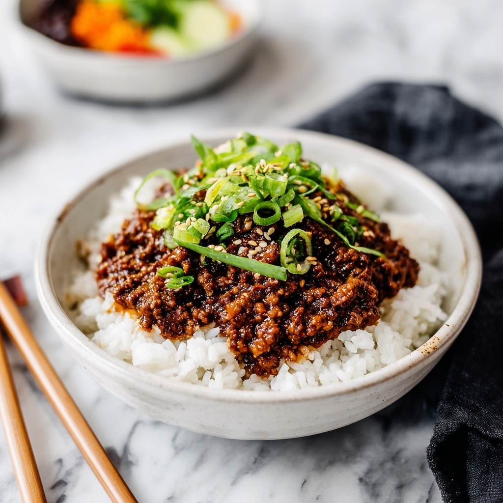 A black bowl filled with two layers: the bottom layer is fluffy white rice with a soft texture, and the top layer is cooked ground meat in a rich brown sauce, appearing moist and slightly glossy. The meat is garnished with finely chopped green onions and sprinkled with small, light beige sesame seeds, adding texture and color contrast. The bowl sits on a white marbled surface with a blurred background, featuring wooden chopsticks and a smaller bowl. The focus is on the detailed textures of the rice and meat. Photo taken with an iphone --ar 4:5 --v 7