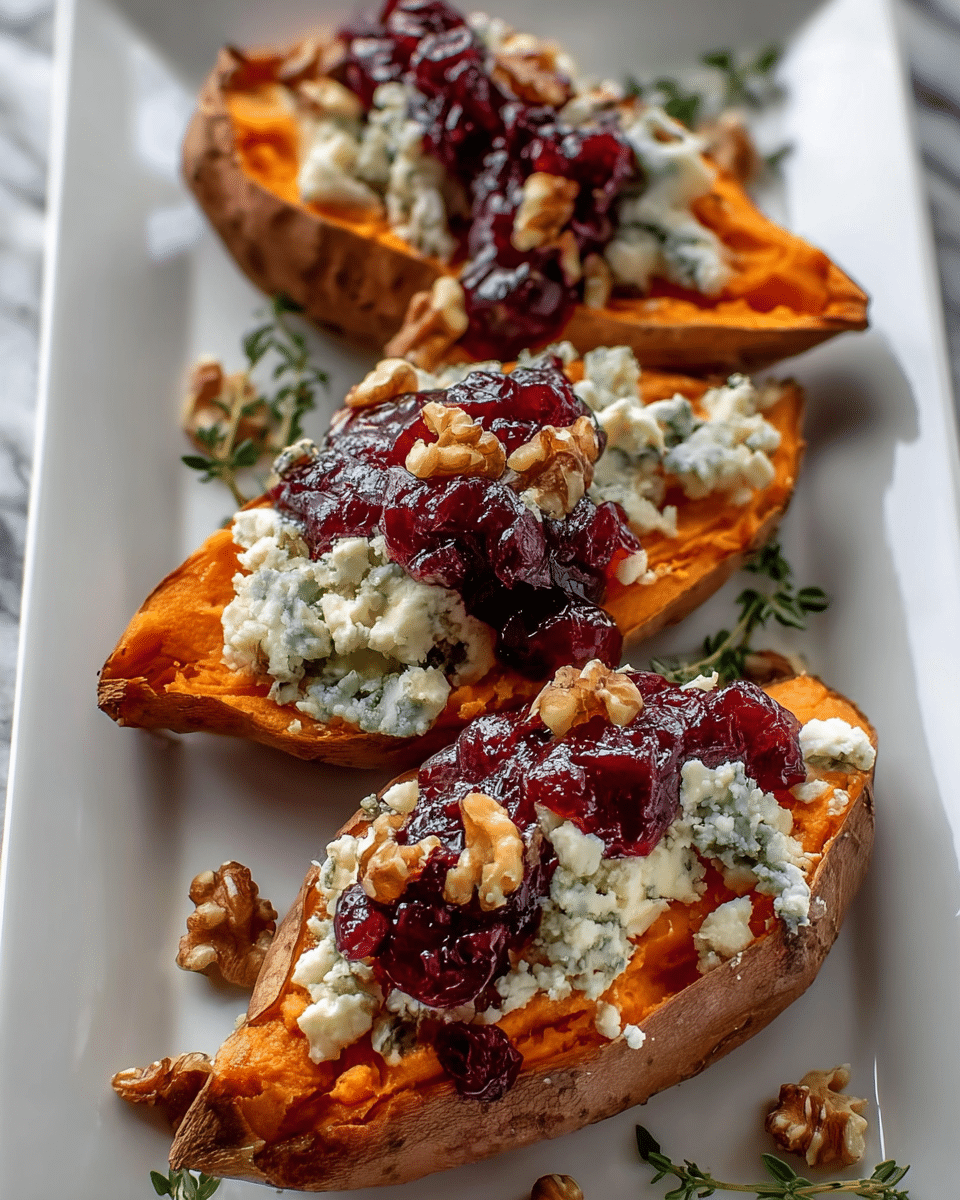 The image shows three baked sweet potato halves arranged in a row on a white plate, each with three layers. The bottom layer is the bright orange, soft sweet potato flesh inside its crispy brown skin. The middle layer is a crumbly blue cheese with white and blue-green spots, spread unevenly over the sweet potato. The top layer is a dark red jam or sauce with a glossy texture, drizzled generously and topped with whole walnut halves. Fresh green thyme sprigs are placed on the plate beside the sweet potatoes, all set on a white marbled surface. Photo taken with an iphone --ar 4:5 --v 7
