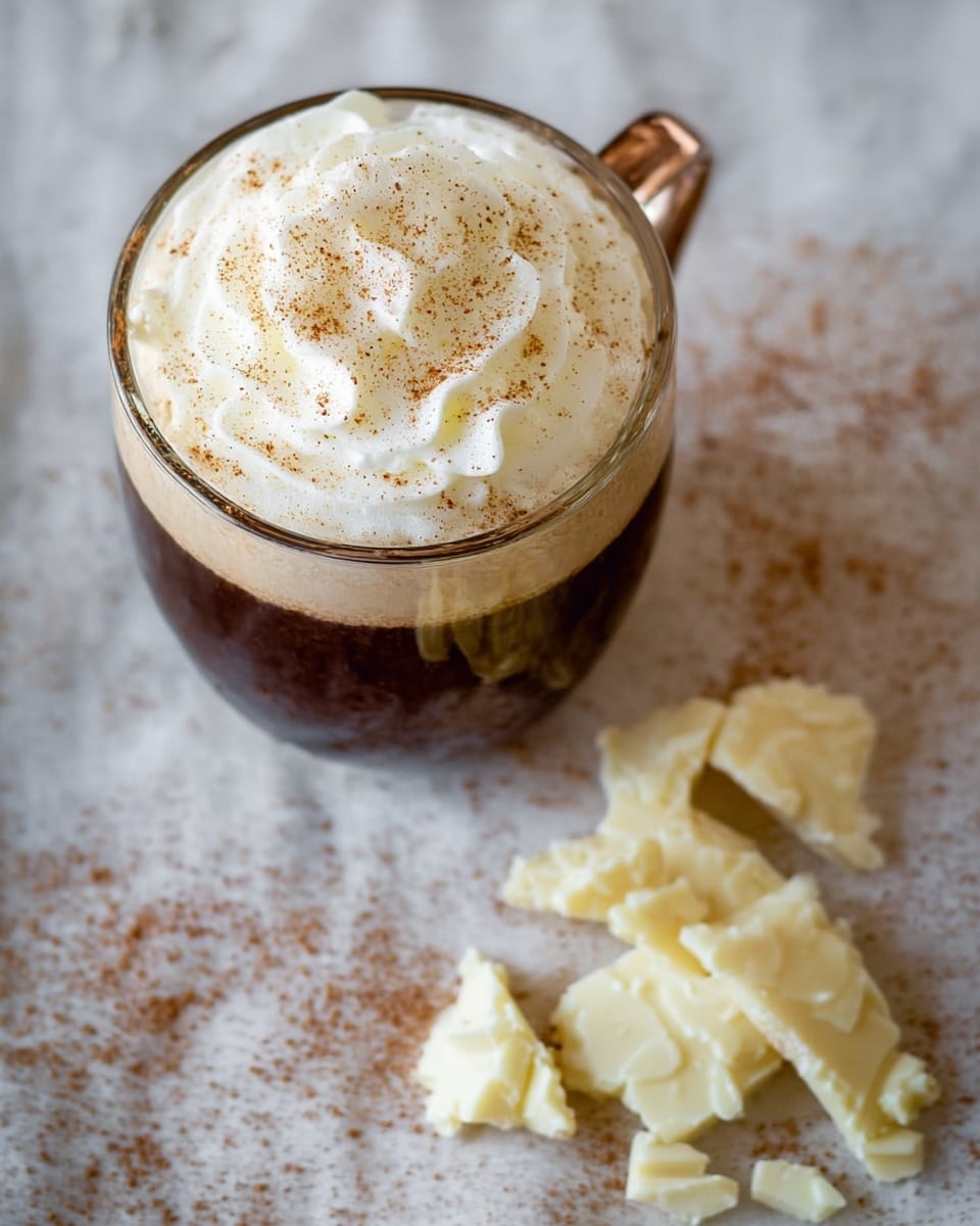 A glass mug filled with a dark brown drink topped with a thick layer of white whipped cream, sprinkled lightly with cinnamon powder. Below the mug on a white marbled surface, there are several small pieces and a larger chunk of white chocolate scattered loosely. The drink looks creamy and smooth, with the whipped cream having a fluffy texture and soft swirls on top. The mug is shiny and round, adding a warm contrast to the white chocolate pieces. photo taken with an iphone --ar 4:5 --v 7