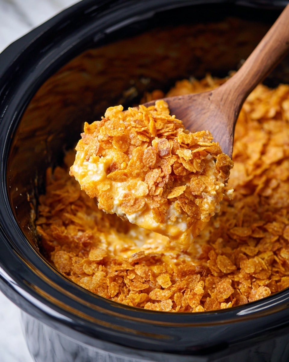 A close-up view of a single-layer golden brown crispy topping scoop being lifted with a wooden spoon from a black slow cooker. The topping is made of crunchy cornflakes with a rough, crumbly texture and an orange tint. Beneath the crispy layer, melted creamy cheese is partially visible, showing a soft and gooey texture with a pale yellow color. The slow cooker edge is shiny and black, contrasting with the warm colors of the food inside. The scene is set on a white marbled surface. photo taken with an iphone --ar 4:5 --v 7