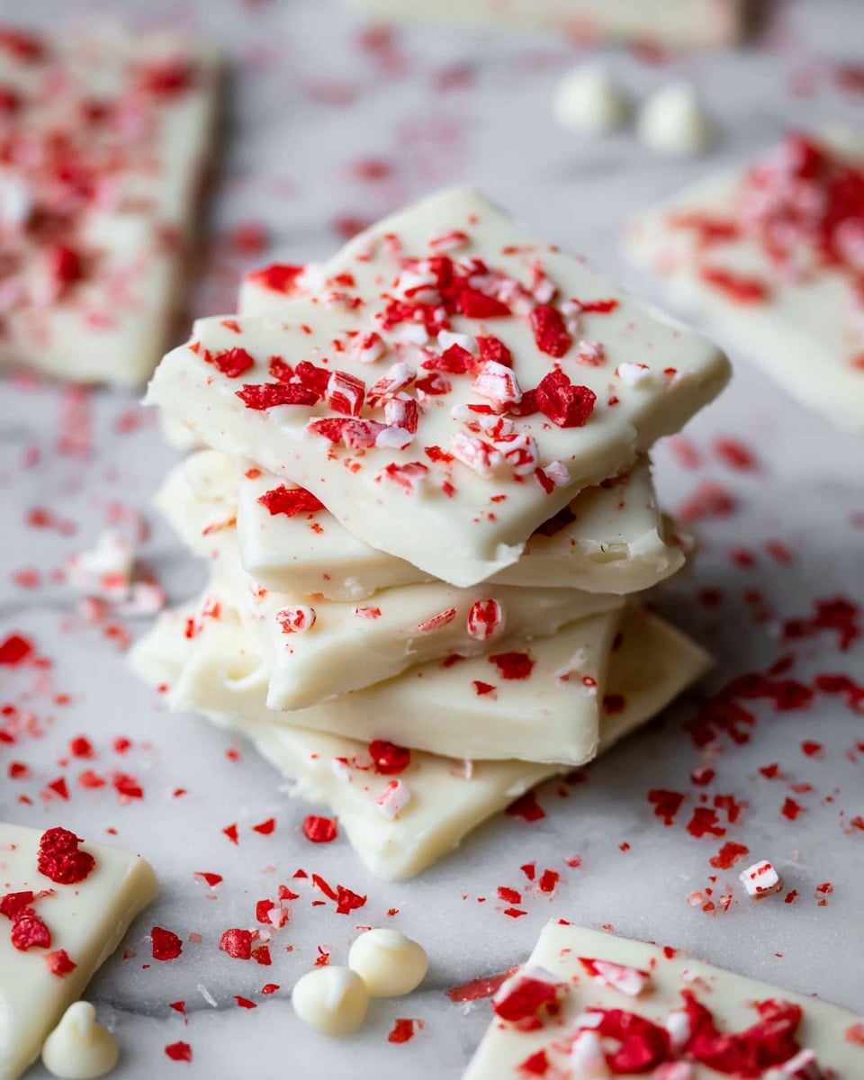 The image shows a small stack of three square white treats coated in smooth white chocolate, each layer slightly uneven with a creamy texture. Bright red crushed peppermint pieces are scattered generously on top of the stack and across the white marbled surface beneath. Surrounding the stack, several more white chocolate squares with red peppermint sprinkles lie flat, some with visible edges and others out of focus, adding depth to the scene. A few small white chocolate chips are also scattered around the surface, enhancing the festive feel. The photo taken with an iphone --ar 4:5 --v 7