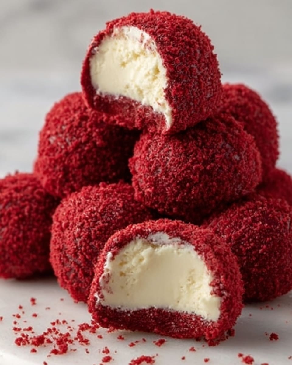 A close-up image shows a stack of round dessert balls on a white plate placed on a white marbled surface. Each ball has three layers: a bright red outer layer covered with a light dusting of white sugar crystals giving a rough texture, a thick middle layer made of soft red cake, and a smooth creamy white filling inside. Two of the balls are cut open in the front to clearly show the creamy center contrasted against the red cake. A red blurred drink is faintly visible in the soft background. Photo taken with an iphone --ar 4:5 --v 7