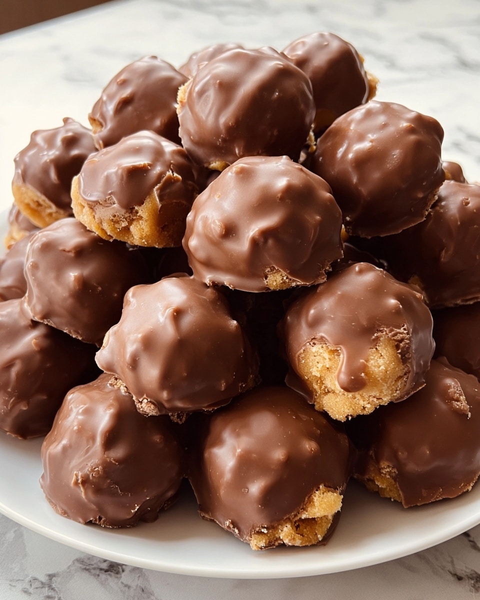 A white bowl filled with many round chocolate-covered peanut butter balls stacked and touching each other, each ball having a smooth, glossy brown chocolate coating with small light peanut bits peeking through, and slightly uneven textures showing soft and crunchy parts. The bowl is resting on a white marbled surface. Photo taken with an iphone --ar 4:5 --v 7