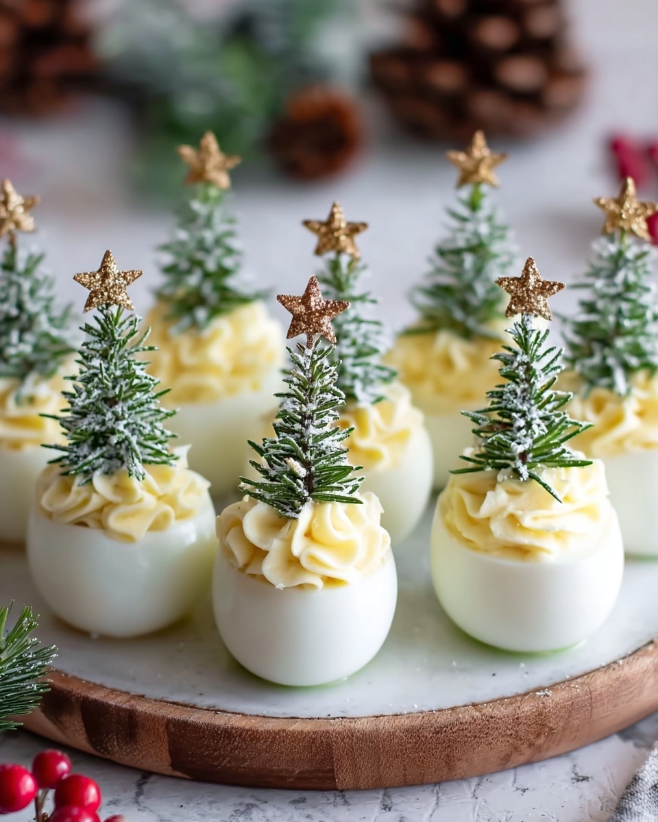 A white plate holds a group of deviled eggs cut in half, each stuffed with a light yellow creamy filling swirled into a cone shape. The filling is smooth with a slightly ruffled texture and topped with small green herb leaves that resemble parsley. Each deviled egg is crowned with a small, shiny red bead-like decoration at the top of the filling. The plate rests on a wooden surface while warm, soft-focused yellow lights create a cozy background glow. photo taken with an iphone --ar 4:5 --v 7