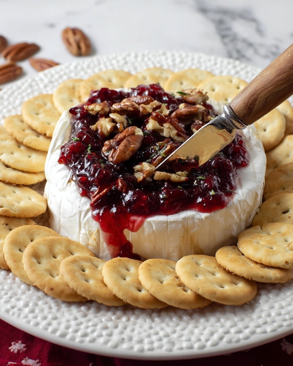 A round wheel of white brie cheese sits in the middle of a white plate with a textured edge. On top of the cheese is a thick layer of dark red berry jam mixed with chopped brown pecans scattered unevenly. Surrounding the cheese, there is a single layer of light golden round crackers arranged neatly in a ring. A cheese knife with a wooden handle is pressed into the cheese, spreading some jam and nuts. The plate is set on a white marbled surface. photo taken with an iphone --ar 4:5 --v 7