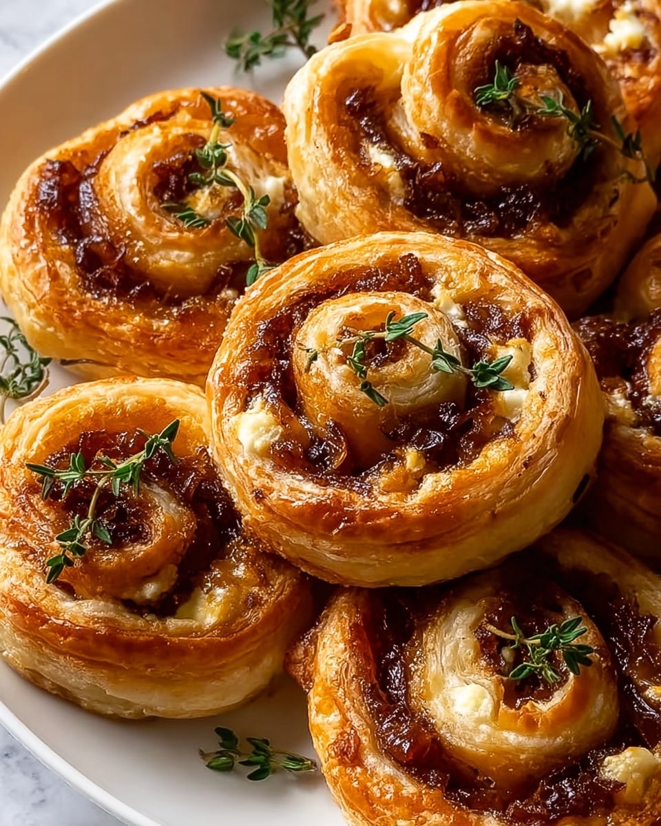 A close-up of seven small pastry pinwheels arranged on a white plate, each made of multiple golden-brown, flaky layers of puff pastry rolled with a filling. The filling includes a rich, dark caramelized onion spread mixed with small bits of white cheese, which is slightly melted and creamy. The pinwheels are topped with fresh green thyme sprigs, adding a touch of color and freshness. The background features a white marbled texture, highlighting the warm, inviting colors of the pastries. photo taken with an iphone --ar 4:5 --v 7