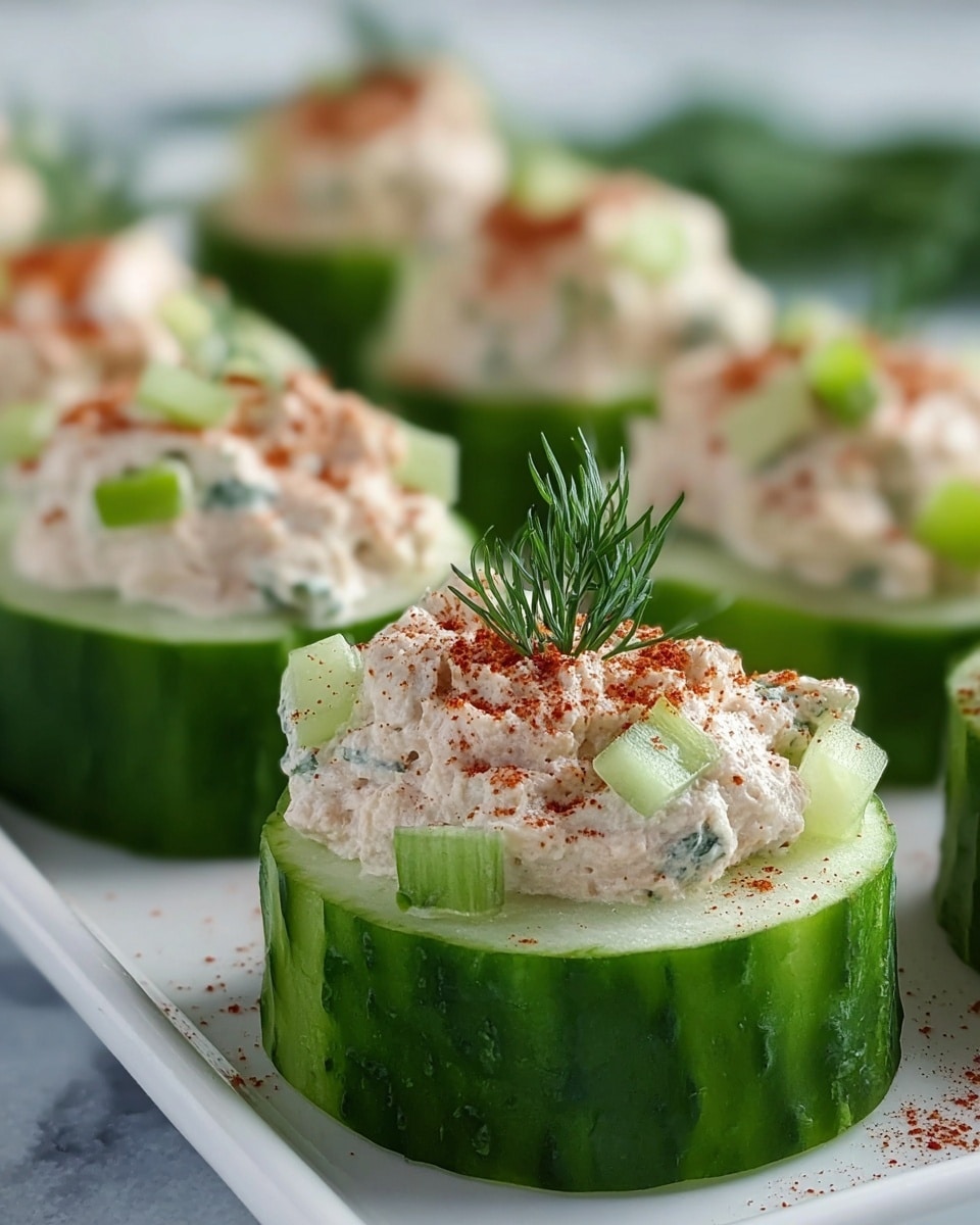 The image shows round cucumber slices, each thick and bright green with a smooth texture on the outside and a lighter green inside. On top of each cucumber slice is a generous scoop of creamy tuna salad mixed with small chunks of red onion and celery, giving it a textured look with white, purple, and green tones. Each scoop is dusted lightly with red paprika and garnished with a small sprig of fresh green dill. The cucumber bites are placed closely together on a white marbled surface, with a few scattered bits of paprika and dill around them for added detail. photo taken with an iphone --ar 4:5 --v 7
