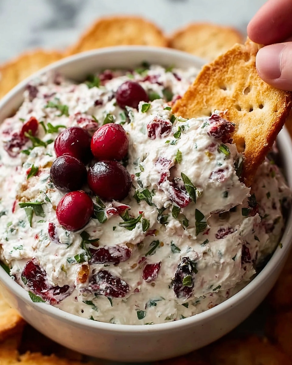 A close-up view of a white bowl filled with creamy white dip that has visible red cranberry pieces and green herb bits mixed throughout. The dip is thick and rich with a slightly rough texture, topped with a few whole, shiny red cranberries and sprinkled green herbs. A woman's hand is dipping a light brown crispy cracker into the creamy mixture, lifting it above the bowl. The bowl sits on a white marbled surface, with more light brown crackers blurred in the background. photo taken with an iphone --ar 4:5 --v 7