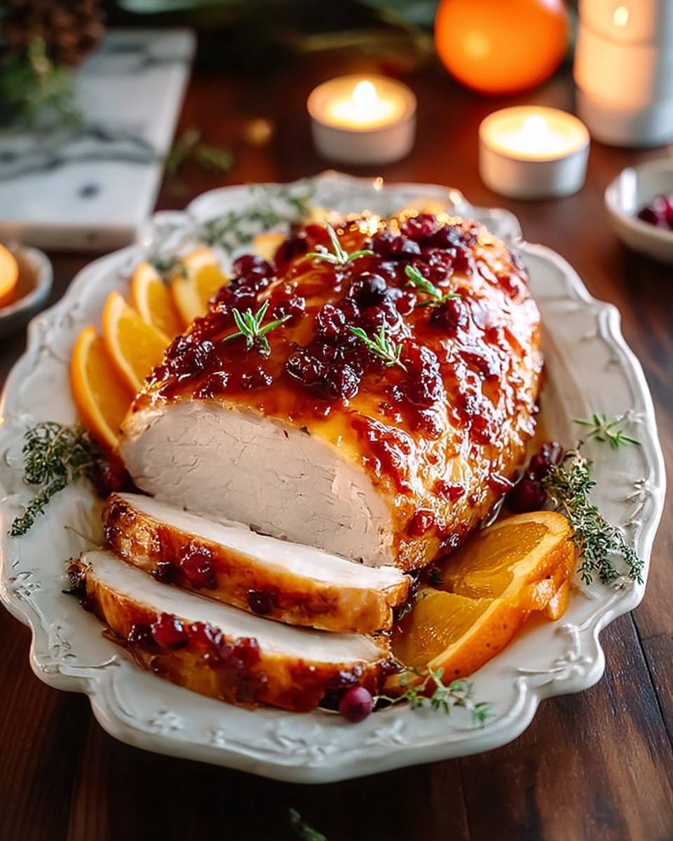 A shiny golden brown roasted chicken breast is sliced into eight visible thick pieces arranged in a row on a white plate. The top layer has a glazed texture with dark red sauce bits and small green herb leaves sprinkled on it. The next layer shows moist, white meat inside. Around the chicken, there are fresh green herb branches and whole red berries scattered, along with bright orange slices with visible pulp placed near the chicken. The plate sits on a smooth white marbled surface. photo taken with an iphone --ar 4:5 --v 7
