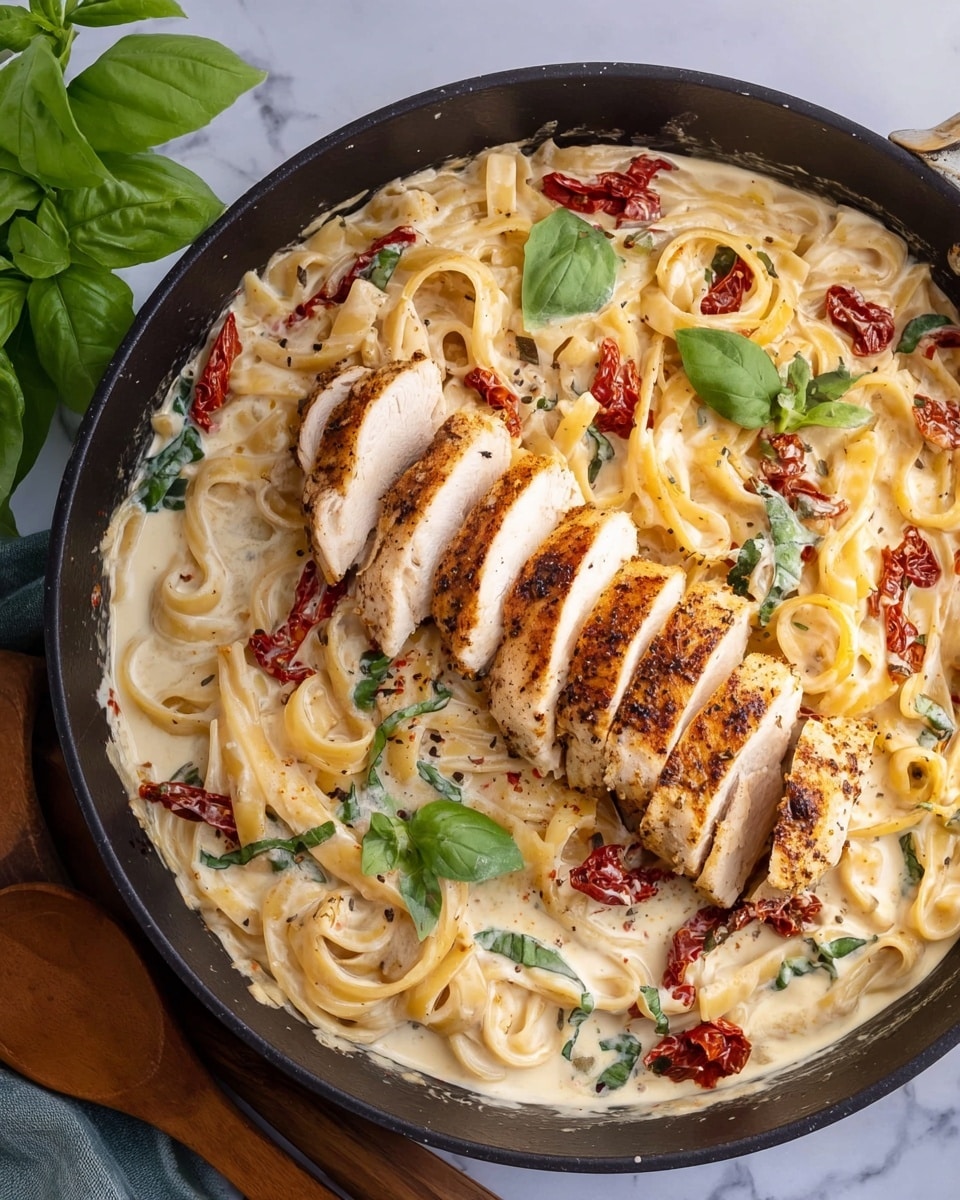 A black skillet filled with creamy fettuccine pasta covered in a white sauce, mixed with small red sun-dried tomato pieces and green basil leaves. On top, there are seven slices of grilled chicken breast, lightly browned with black pepper seasoning, laid side by side in the center of the skillet. The skillet sits on a white marbled surface, next to a wooden spoon and a green basil plant. photo taken with an iphone --ar 4:5 --v 7