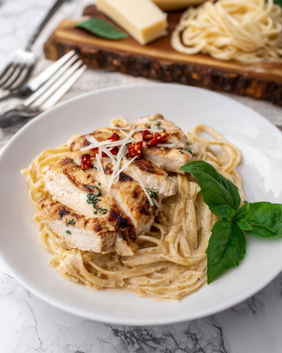 A white plate holds a dish with two main layers: the bottom layer is a bed of light-colored creamy pasta with a smooth texture and flecks of green herbs, and above it lies two grilled chicken breasts, browned with slight char marks and topped with small pieces of red chili and shreds of white cheese. A fresh green basil sprig is placed on the side of the chicken, adding a pop of color. In the background, there is a fork twirling some pasta and a rustic wooden board with pieces of cheese, all set on a white marbled surface. Photo taken with an iphone --ar 4:5 --v 7