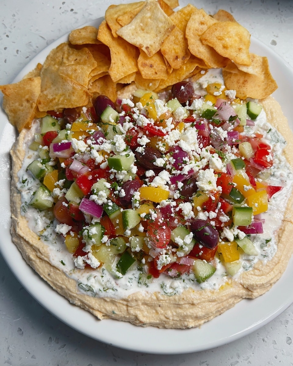 A white plate holds a layered dip with three distinct layers, starting with a smooth, beige hummus base spread flat on the bottom. On top of the hummus is a thick, creamy white layer with visible herb flecks, looking like a yogurt or tzatziki mix. Above this is a colorful mix of diced vegetables including green cucumbers, red tomatoes, yellow bell peppers, purple olives, and red onions, scattered evenly to create a fresh, chunky texture. The entire dish is topped with crumbled white feta cheese spread across the surface. In the upper part of the plate, a pile of golden-brown pita chips rests against the dip. The plate sits on a white marbled textured surface. photo taken with an iphone --ar 4:5 --v 7