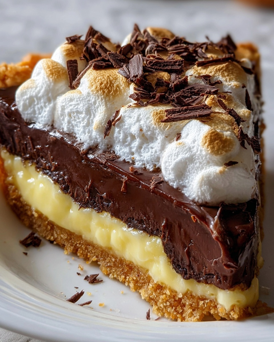 A close-up of a three-layer dessert slice on a white plate with powdered sugar dusted around. The bottom layer is a golden brown crust with a rough texture. Above this is a creamy, pale yellow custard layer that looks smooth and slightly glossy. The top layer is a thick, glossy dark chocolate ganache, rich and shiny, covered with white fluffy toasted meringue peaks that have golden brown tips. Dark chocolate shavings are scattered over the meringue and the ganache layer. The plate rests on a white marbled surface. Photo taken with an iphone --ar 4:5 --v 7