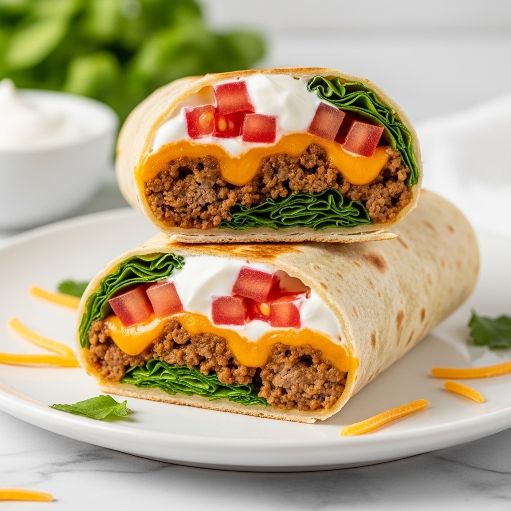 The image shows two rolled tortillas stacked, each filled with layers of orange melted cheese, brown cooked ground beef, and chopped green and red bell peppers. The tortillas are lightly toasted with a golden-brown speckled surface. A small dollop of white sour cream sits on the top tortilla’s edge, adding contrast to the warm colors inside. The wraps are placed on a white plate sitting on a white marbled surface, with scattered bits of peppers and green herbs around them. In the background, a blurred cup of white sauce and some green leaves can be seen. photo taken with an iphone --ar 4:5 --v 7