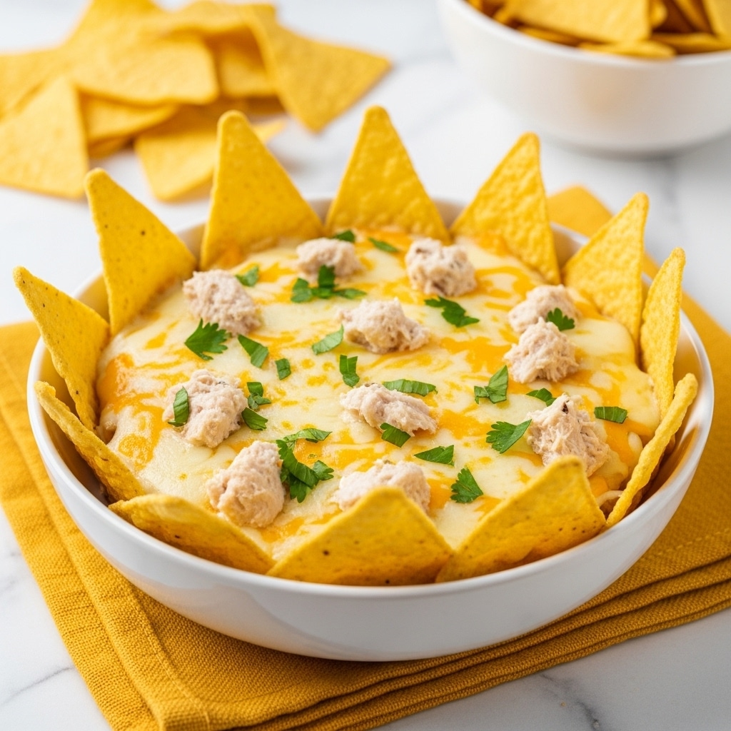 A white bowl filled with creamy melted cheese topped with small shredded white chicken pieces and finely chopped green herbs scattered on top. Around the inside edge of the bowl, large triangular yellow tortilla chips stand upright, forming a ring. The bowl rests on a folded yellow cloth on a white marbled surface, with a blurred background showing an extra pile of yellow tortilla chips and a white bowl filled with the same chips. Photo taken with an iphone --ar 4:5 --v 7
