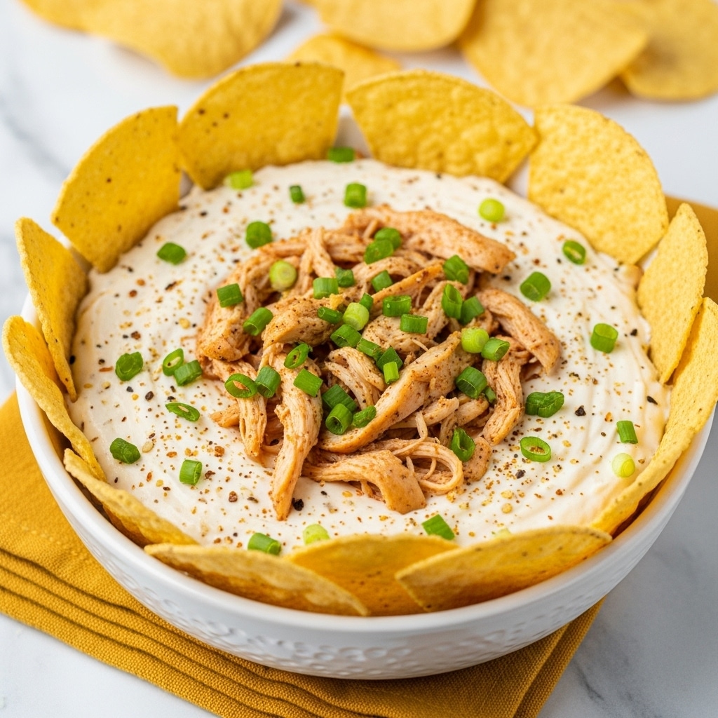 The dish is a creamy white cheesy dip in a white round bowl, topped with shredded cooked chicken pieces and finely chopped green onions. Around the edge of the bowl, large yellow corn tortilla chips are neatly placed upright, creating a crust-like border. The surface is sprinkled with small bits of seasoning that add color contrast. The bowl sits on a folded mustard yellow cloth on a white marbled surface, with additional tortilla chips blurred in the background. photo taken with an iphone --ar 4:5 --v 7