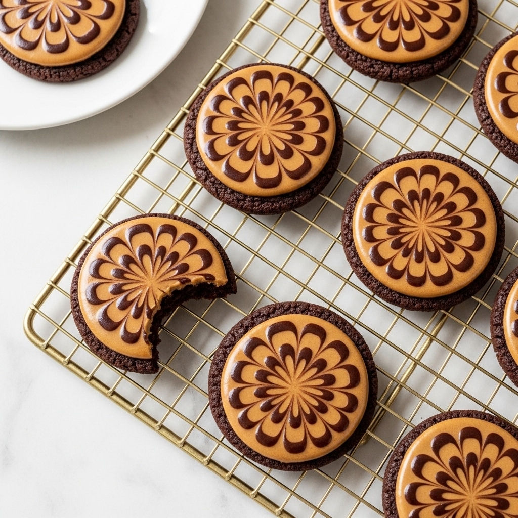 A group of round cookies is shown on a gold wire cooling rack set on a white marbled surface. Each cookie has a dark brown base layer and a glossy caramel-colored icing on top. The icing features a symmetrical floral pattern with six petals drawn in dark brown, creating a decorative design. The cookies appear thick and soft, and one cookie at the top right has a bite taken out of it, revealing a rich, dark inside. Some crumbs are scattered near the bottom left corner, next to a white bowl with a matching caramel-colored sauce inside. Part of a white plate with more cookies is visible at the top left corner, and a woman's hand is reaching toward the tray. photo taken with an iphone --ar 4:5 --v 7