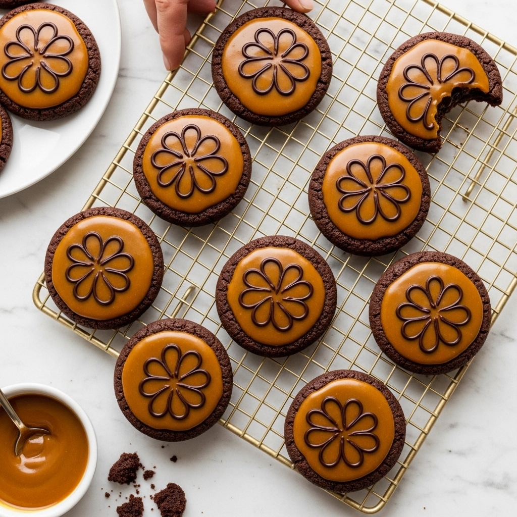 The image shows round cookies placed on a gold cooling rack over a white marbled surface. Each cookie has two distinct layers: a dark brown baked base with a rough texture, and a smooth light brown glaze on top. The glaze features a symmetrical floral pattern with eight petals, highlighted by darker brown details that resemble leaf shapes. One cookie on the left side has a bite taken out, showing the soft cookie layer beneath the glaze. In the upper left corner, part of a white plate with one cookie on it is visible. The overall scene focuses on the detailed, shiny glaze pattern and the contrast between the dark cookie and the lighter topping. Photo taken with an iphone --ar 4:5 --v 7