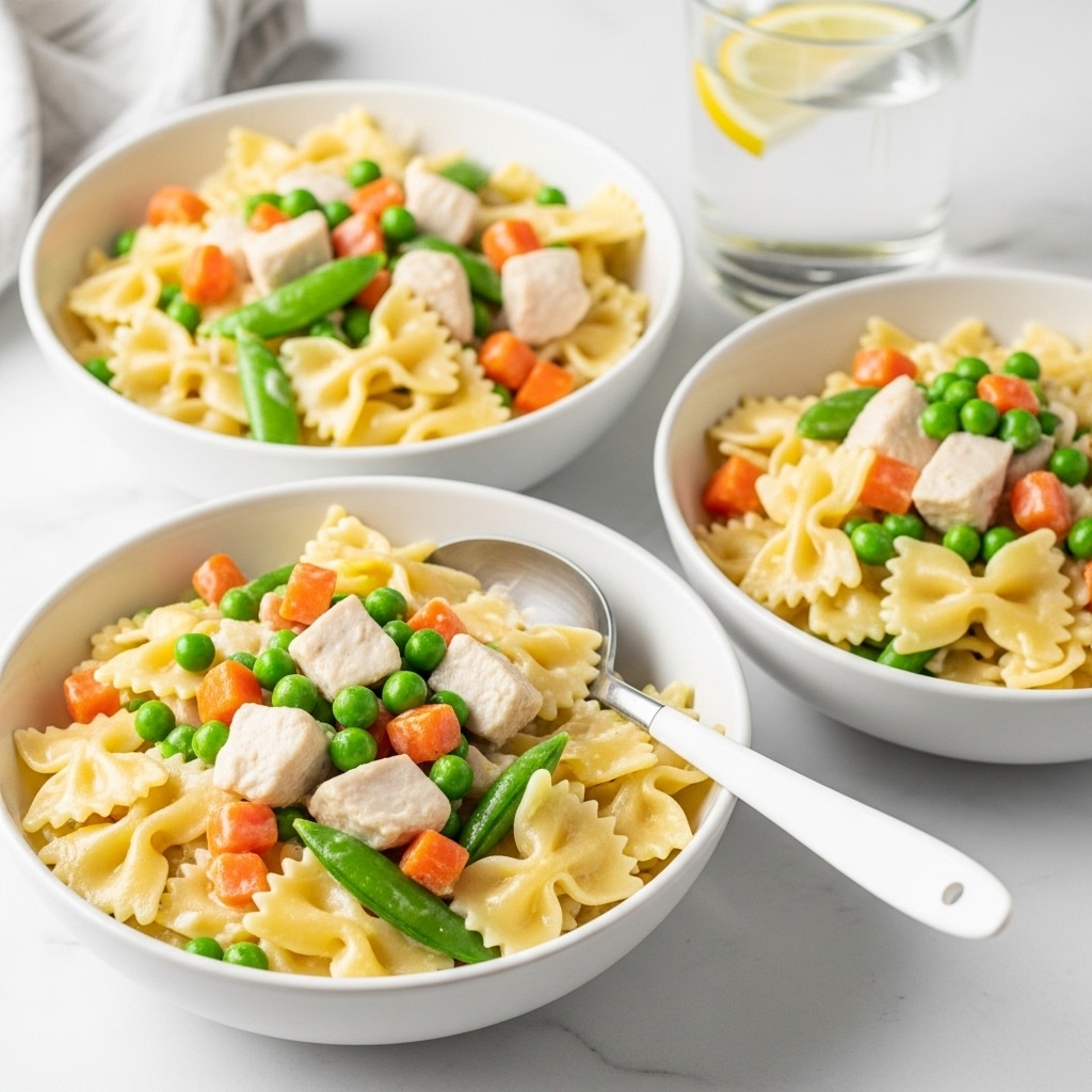 The image shows a close-up of a white bowl filled with creamy pasta, made of bowtie-shaped pieces. The pasta is mixed with small green peas and diced orange carrots, all coated in a smooth, light beige sauce with visible black pepper sprinkled on top. The texture looks soft and creamy, with the vegetables adding a pop of color. The background surface is a white marbled texture. photo taken with an iphone --ar 4:5 --v 7