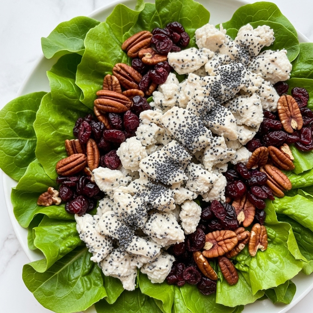 A white bowl holds a fresh salad with a white marbled texture background. The base layer consists of green lettuce pieces, topped with slices of light beige chicken breast. On top of the chicken, there is a creamy white dressing with small black specks evenly spread, giving it a textured look. Around the dressing, there are dark red dried cranberries and shiny brown pecan halves scattered to add color and crunch. The salad looks rich in texture with a mix of soft, crunchy, and creamy layers. Photo taken with an iphone --ar 4:5 --v 7