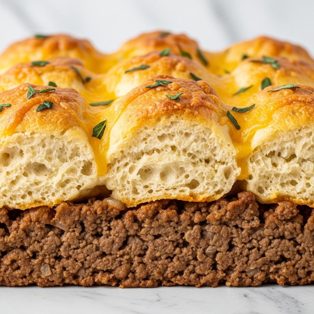 The dish shows a close-up of a baked casserole with two clear layers. The bottom layer is a rich brown ground meat mixture with a moist and chunky texture. The top layer consists of golden brown, fluffy biscuit-like dough pieces with crispy edges and some melted cheese on top, sprinkled with small green herb leaves. The layers are packed tightly, with the soft, creamy biscuit layer sitting evenly over the meat. The background is a white marbled texture. Photo taken with an iphone --ar 4:5 --v 7