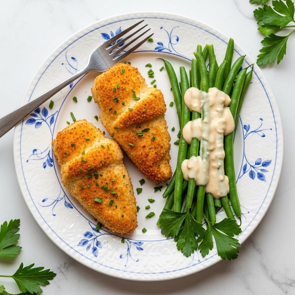 Two golden-brown breaded chicken breasts sit side by side on the left half of a white plate with blue patterns, sprinkled with small green herb pieces. On the right side, a neat bunch of glossy green beans is topped with a smooth, light cream sauce. Fresh green parsley leaves are placed near the beans, adding a fresh look. A silver fork rests on the plate's upper left edge. The plate sits on a white marbled surface with scattered green herb leaves around. Photo taken with an iphone --ar 4:5 --v 7