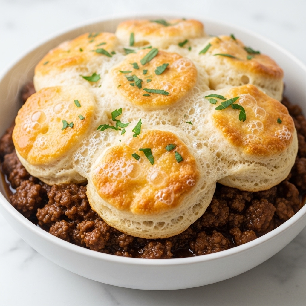 A white bowl filled with a layered dish, the bottom layer consists of dark brown cooked ground meat in a rich sauce, topped with a thick, fluffy golden brown biscuit layer that is slightly browned on top with a bubbly texture. The biscuit layer is broken into soft, round sections, each with a crisp, toasted top. Small pieces of green parsley are sprinkled over the biscuits, adding spots of bright color. The dish looks warm and hearty with visible steam, set on a white marbled surface. Photo taken with an iphone --ar 4:5 --v 7
