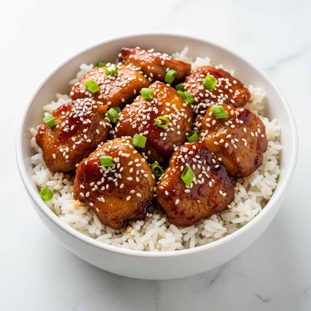 A white bowl filled with a base layer of fluffy white rice, topped with several pieces of glossy, dark brown glazed chicken chunks that have a shiny texture. The chicken is sprinkled generously with small white sesame seeds and chopped bright green onions scattered evenly across the top. The background is a white marbled texture, and the photo appears close-up, showing the moist and rich sauce covering the chicken pieces. photo taken with an iphone --ar 4:5 --v 7