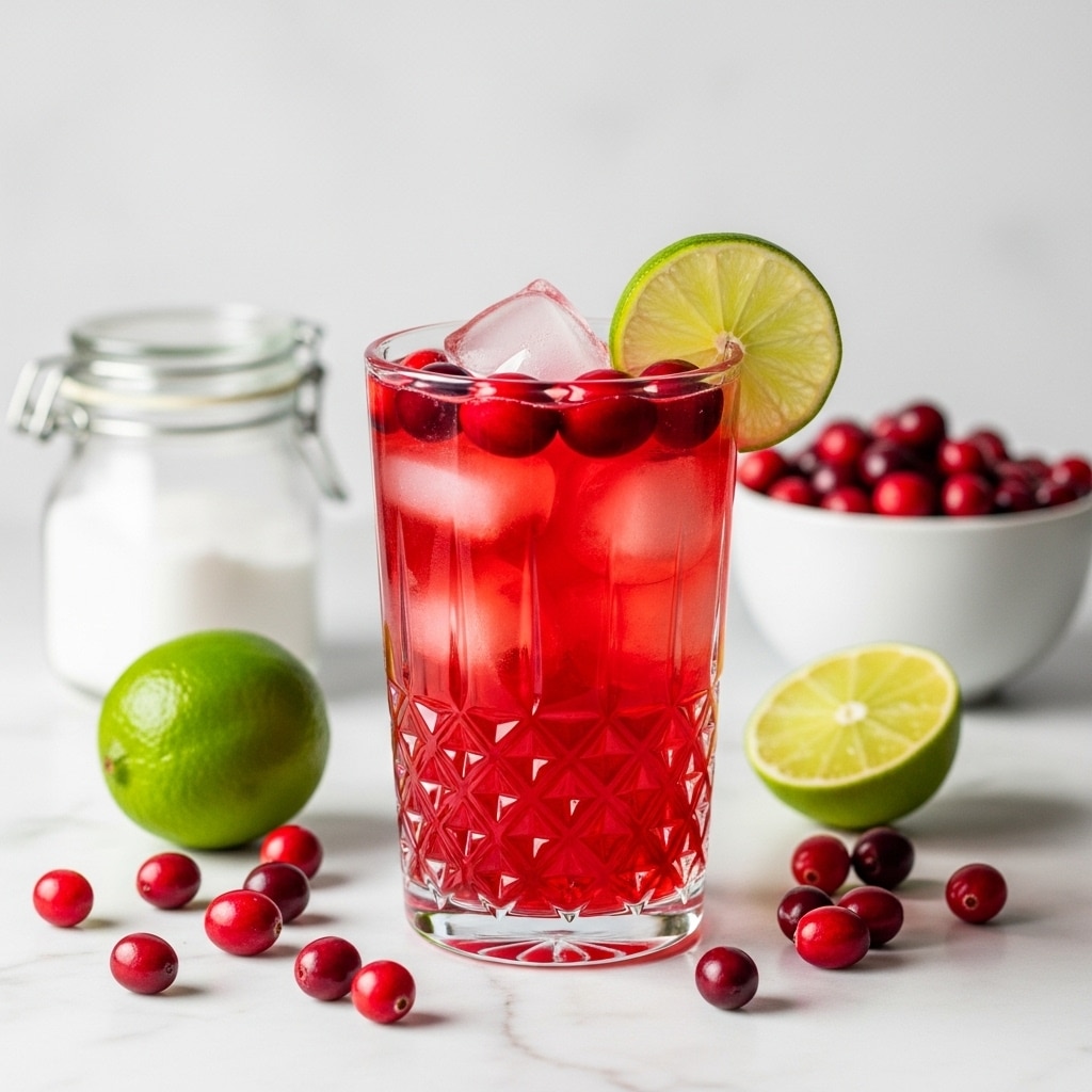 A tall clear glass with a diamond pattern at the bottom is filled with bright red cranberry juice, containing several clear ice cubes inside. The top layer has whole red cranberries floating around the ice. A slice of lime is placed on the rim of the glass on the right side. The glass sits on a white marbled surface with scattered cranberries around it. In the background, there is a white bowl filled with cranberries to the right and a whole and half lime to the left, all on the same white marbled surface. Photo taken with an iphone --ar 4:5 --v 7