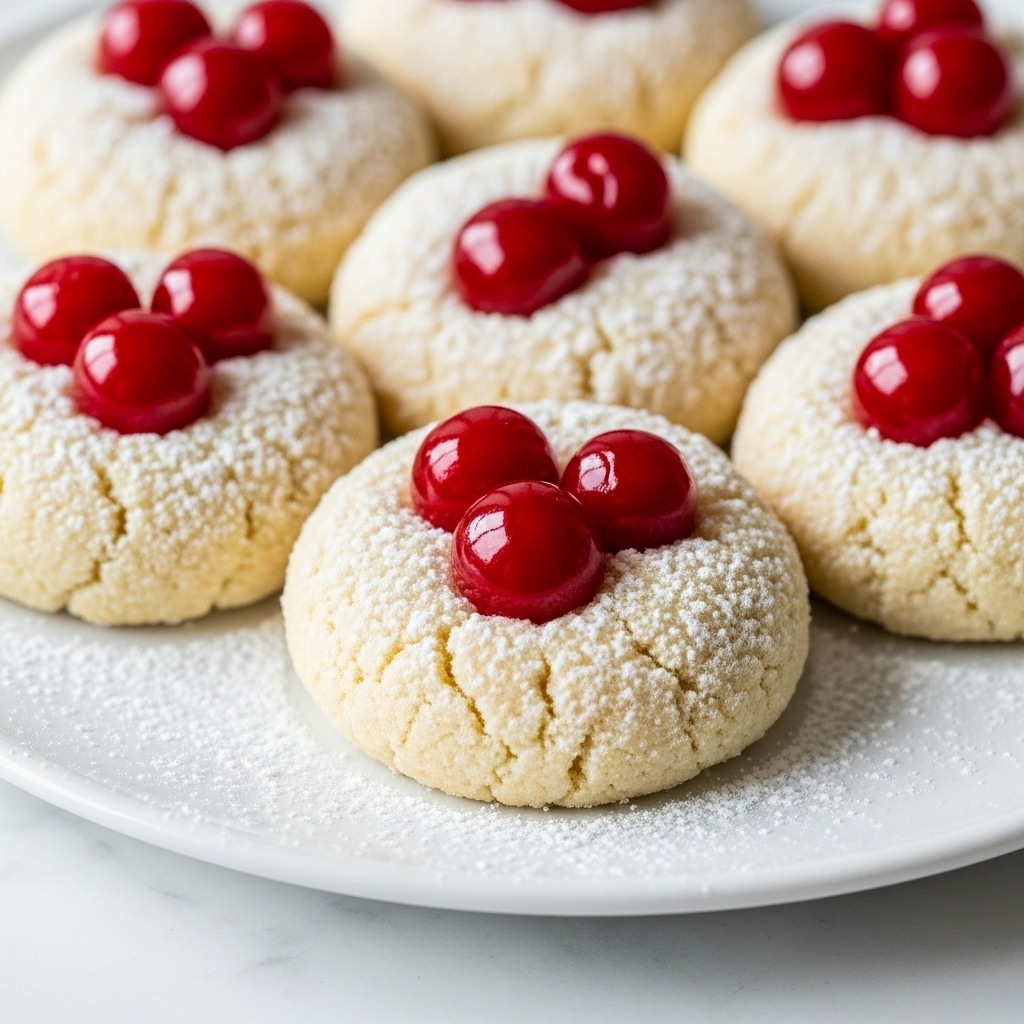 The image shows a close-up of a white plate holding several round cookies. Each cookie has a soft, crumbly, pale beige base covered in powdered sugar, giving it a snowy texture. On top of each cookie are three glossy, bright red cherries placed in the center, slightly sunken into the surface. The powdered sugar is also lightly scattered on the plate around the cookies. The plate sits on a white marbled surface, and the lighting highlights the shine and texture of the cherries and the powder on the cookies. photo taken with an iphone --ar 4:5 --v 7