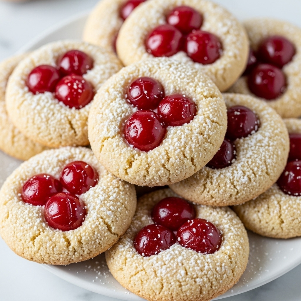 The image shows a close-up of several round cookies on a white plate with a white marbled surface underneath. Each cookie has a crumbly, light beige base with a rough texture, and the top center of the cookie has three bright red cherry halves arranged closely together. The cookies are dusted with fine white powdered sugar on top, adding a soft, snowy look. The cookies are stacked slightly overlapping each other, filling the plate. Photo taken with an iphone --ar 4:5 --v 7