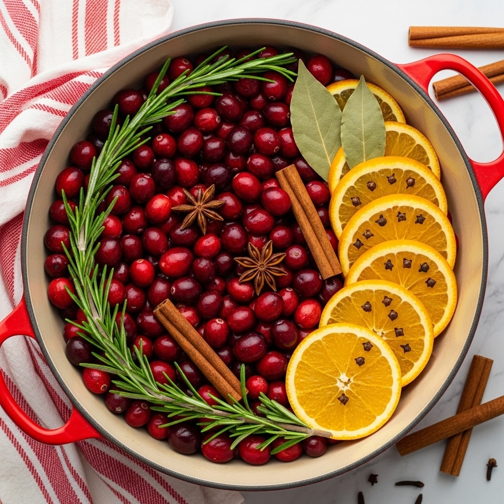 A round red pot filled with fresh cranberries that are dark and bright red, covering about two thirds of the pot’s surface, mixed with green rosemary sprigs placed around the cranberries. On the right side, there are several bright yellow-orange slices of orange, each pierced with dark brown cloves, and a few light brown bay leaves resting on top. Among the cranberries, there are three dark brown cinnamon sticks and some star anise pieces scattered lightly. The pot is placed on a white marbled surface with a red and white striped cloth on the left corner and a few cinnamon sticks on the right side. photo taken with an iphone --ar 4:5 --v 7