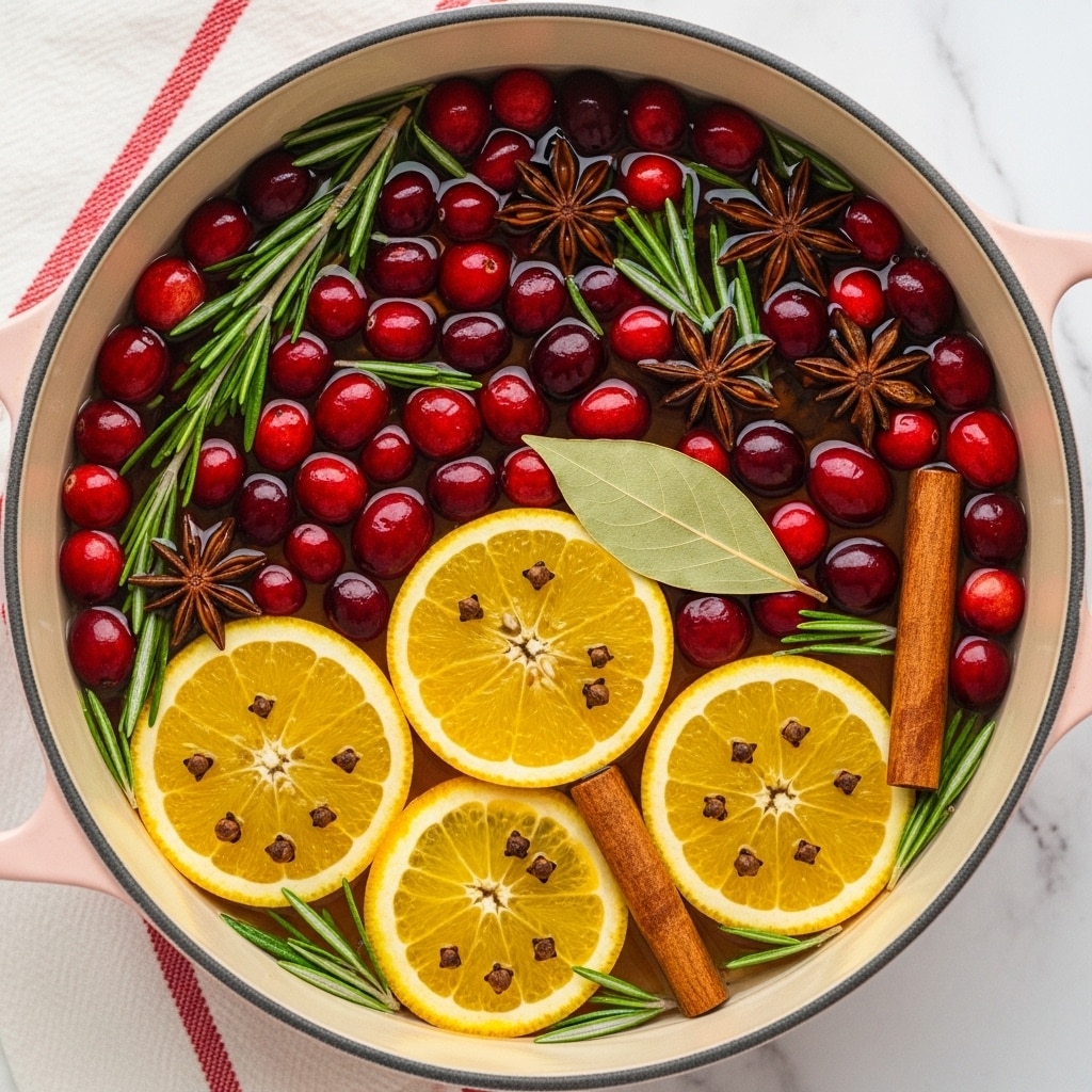 The image shows a pot filled with a colorful mix of ingredients floating in liquid. The bottom layer is bright yellow-orange slices arranged in the center, each slice with a clove stuck in the middle. Surrounding the orange slices are many shiny, round, deep red cranberries scattered throughout, mingled with fresh green rosemary sprigs. Star anise pods, dark brown and star-shaped, dot the mix evenly, along with a single bay leaf laying across some orange slices. A cinnamon stick, medium brown and textured, rests close to the cranberries. The pot is light beige on the inside with a light pink exterior and is set on a white marbled surface, partially covered by a red and white striped cloth. photo taken with an iphone --ar 4:5 --v 7